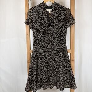 Michael Kors Black Tan Pattern Ruffle Lined Swing Dress #1265 Size SMALL
